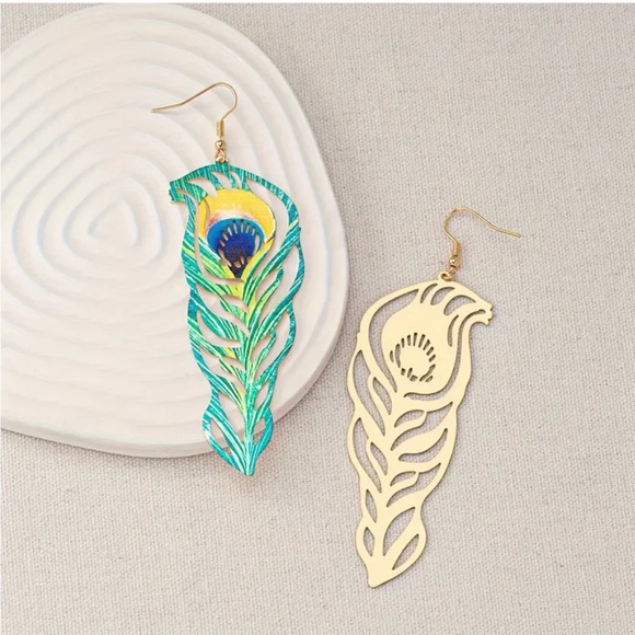 Polychrome Peacock Feather Fish Hook Earrings, Almost 4” Long - Picture 6 of 7